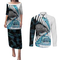 New Zealand Silver Fern Curling Personalised Couples Matching Puletasi and Long Sleeve Button Shirt Aotearoa Kiwi Ponga Paua Shell Version - Polynesian Pride