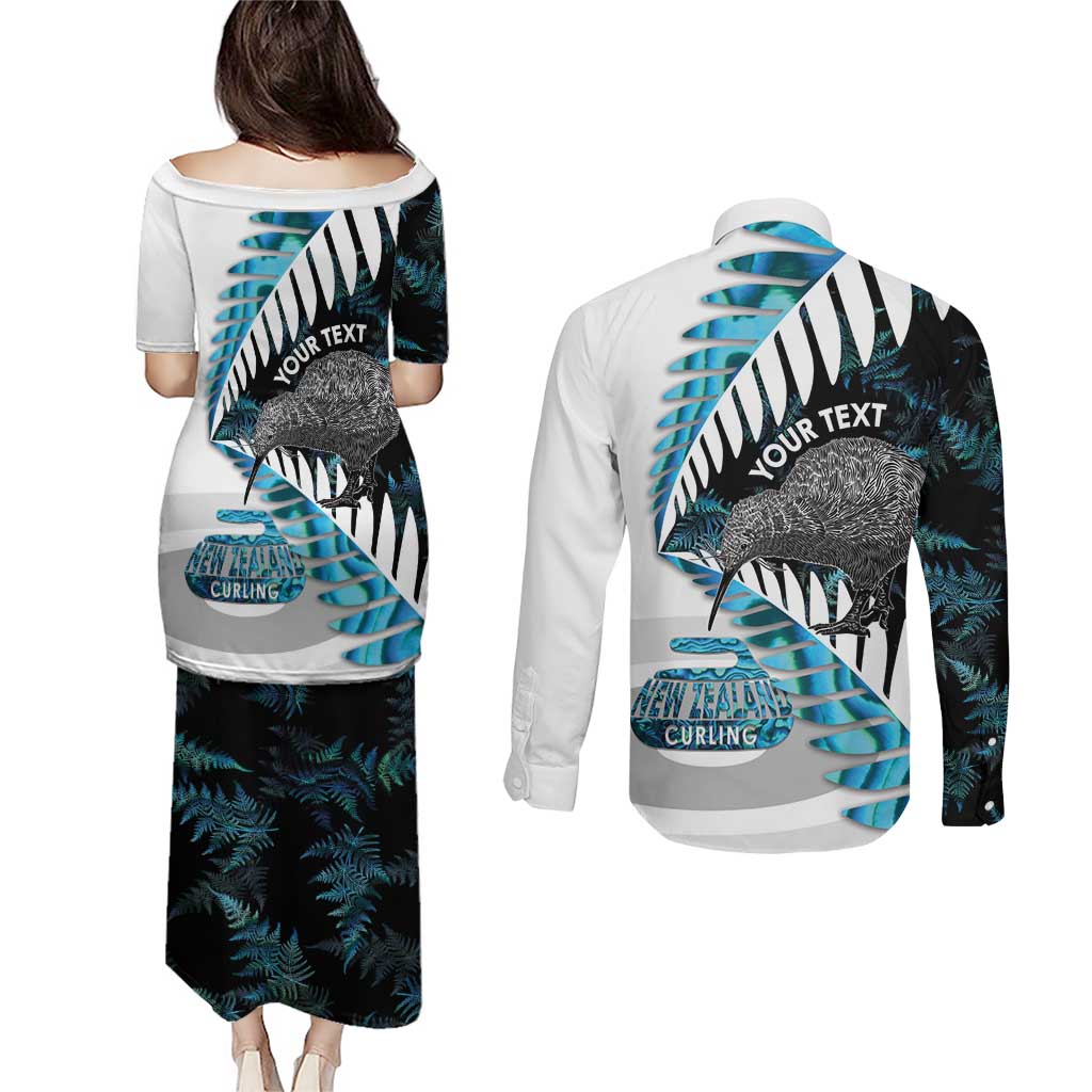 New Zealand Silver Fern Curling Personalised Couples Matching Puletasi and Long Sleeve Button Shirt Aotearoa Kiwi Ponga Paua Shell Version - Polynesian Pride