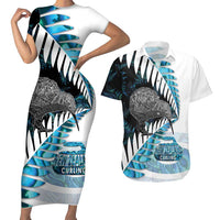 New Zealand Silver Fern Curling Personalised Couples Matching Short Sleeve Bodycon Dress and Hawaiian Shirt Aotearoa Kiwi Ponga Paua Shell Version - Polynesian Pride