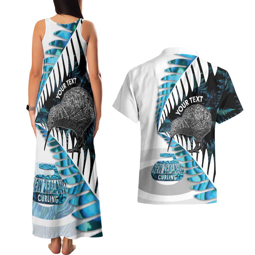 New Zealand Silver Fern Curling Personalised Couples Matching Tank Maxi Dress and Hawaiian Shirt Aotearoa Kiwi Ponga Paua Shell Version - Polynesian Pride