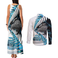 New Zealand Silver Fern Curling Personalised Couples Matching Tank Maxi Dress and Long Sleeve Button Shirt Aotearoa Kiwi Ponga Paua Shell Version - Polynesian Pride