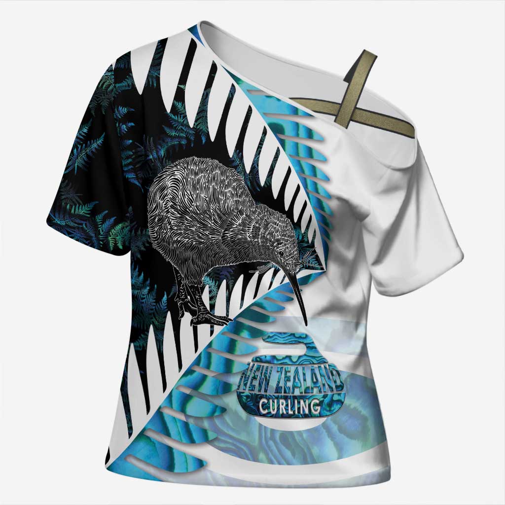 New Zealand Silver Fern Curling Personalised Cross Shoulder Shirt Aotearoa Kiwi Ponga Paua Shell Version LT14 Female Black - Polynesian Pride