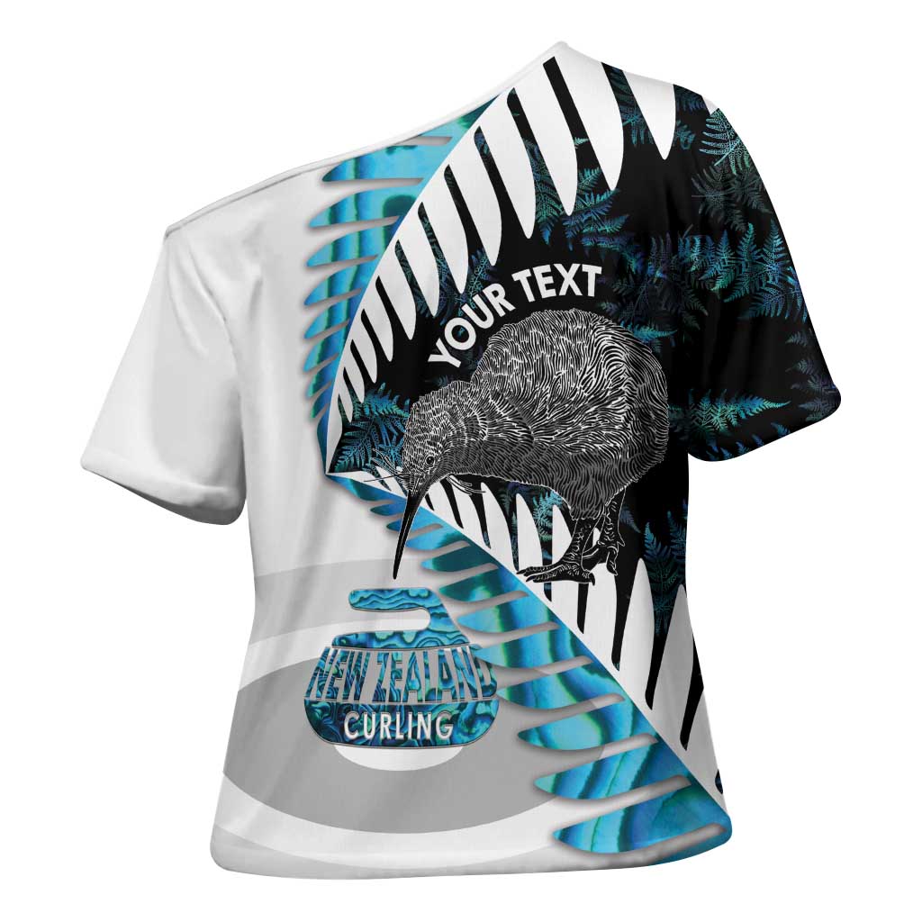 New Zealand Silver Fern Curling Personalised Cross Shoulder Shirt Aotearoa Kiwi Ponga Paua Shell Version LT14 - Polynesian Pride