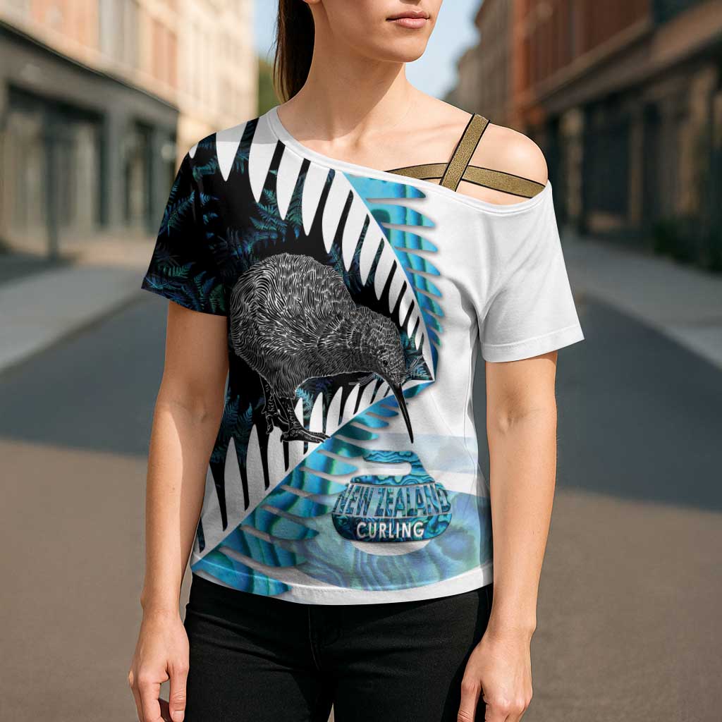 New Zealand Silver Fern Curling Personalised Cross Shoulder Shirt Aotearoa Kiwi Ponga Paua Shell Version LT14 - Polynesian Pride