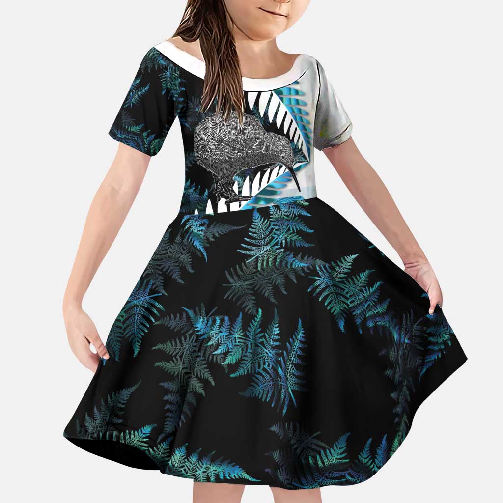 New Zealand Silver Fern Curling Personalised Family Matching Mermaid Dress and Hawaiian Shirt Aotearoa Kiwi Ponga Paua Shell Version LT14 Daughter's Dress Black - Polynesian Pride