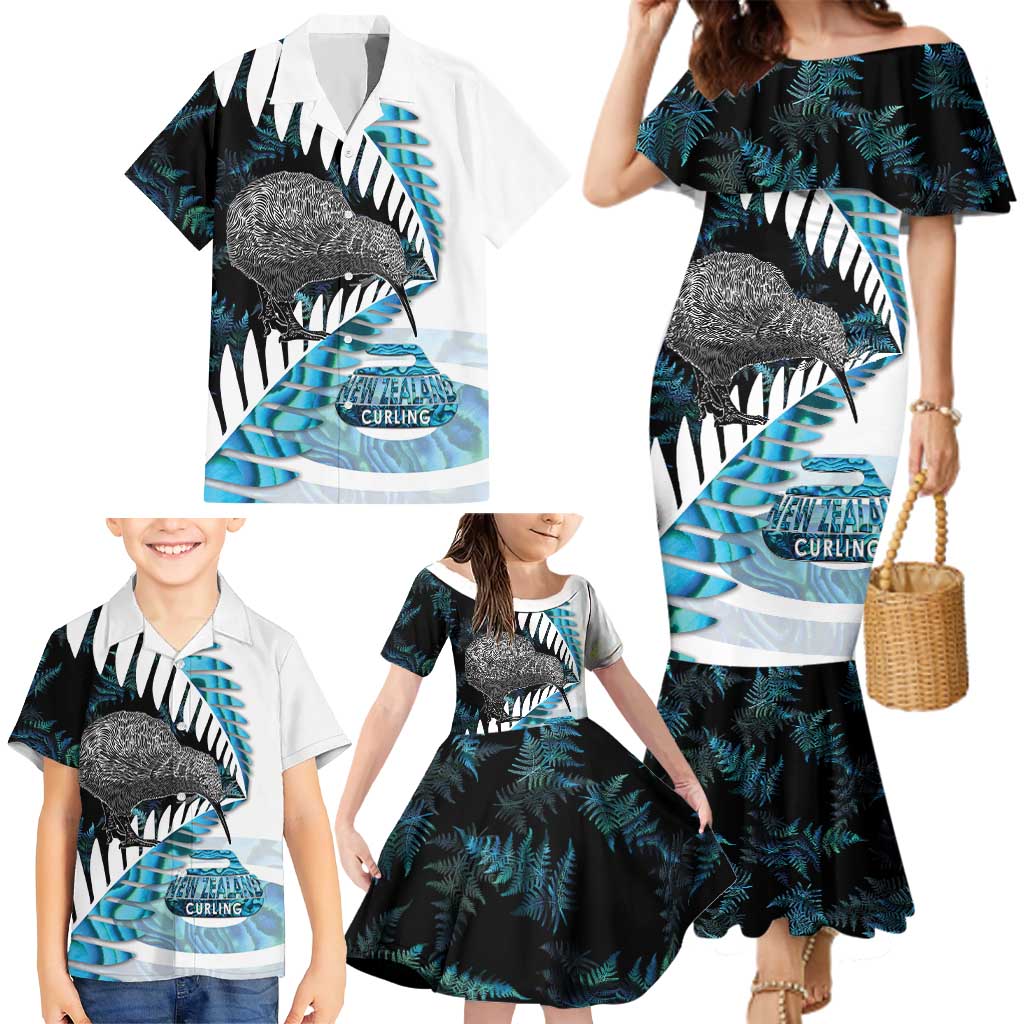 New Zealand Silver Fern Curling Personalised Family Matching Mermaid Dress and Hawaiian Shirt Aotearoa Kiwi Ponga Paua Shell Version LT14 - Polynesian Pride