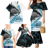 New Zealand Silver Fern Curling Personalised Family Matching Mermaid Dress and Hawaiian Shirt Aotearoa Kiwi Ponga Paua Shell Version LT14 - Polynesian Pride