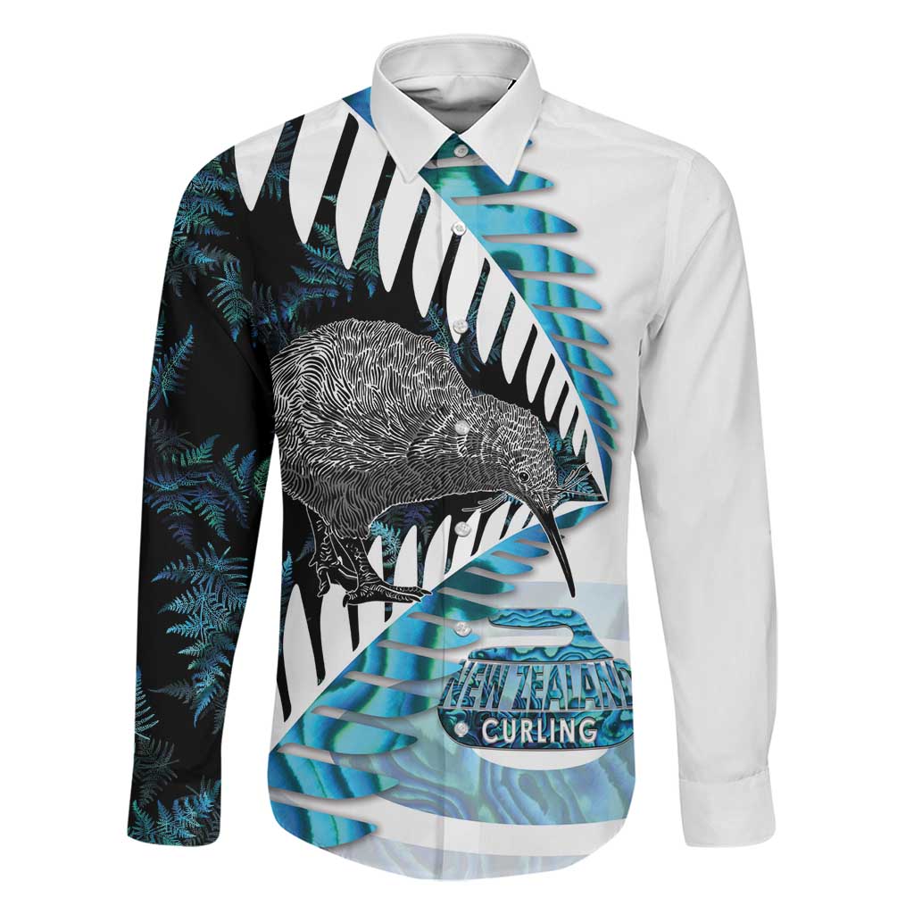New Zealand Silver Fern Curling Personalised Family Matching Mermaid Dress and Hawaiian Shirt Aotearoa Kiwi Ponga Paua Shell Version LT14 Dad's Shirt - Long Sleeve Black - Polynesian Pride