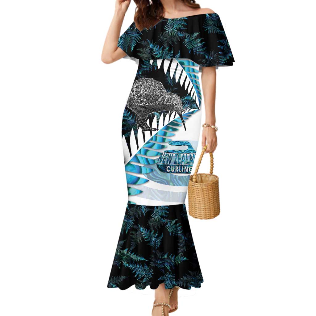 New Zealand Silver Fern Curling Personalised Family Matching Mermaid Dress and Hawaiian Shirt Aotearoa Kiwi Ponga Paua Shell Version LT14 Mom's Dress Black - Polynesian Pride