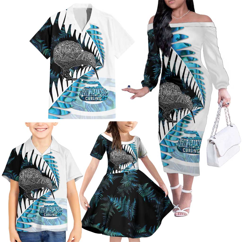 New Zealand Silver Fern Curling Personalised Family Matching Off The Shoulder Long Sleeve Dress and Hawaiian Shirt Aotearoa Kiwi Ponga Paua Shell Version - Polynesian Pride