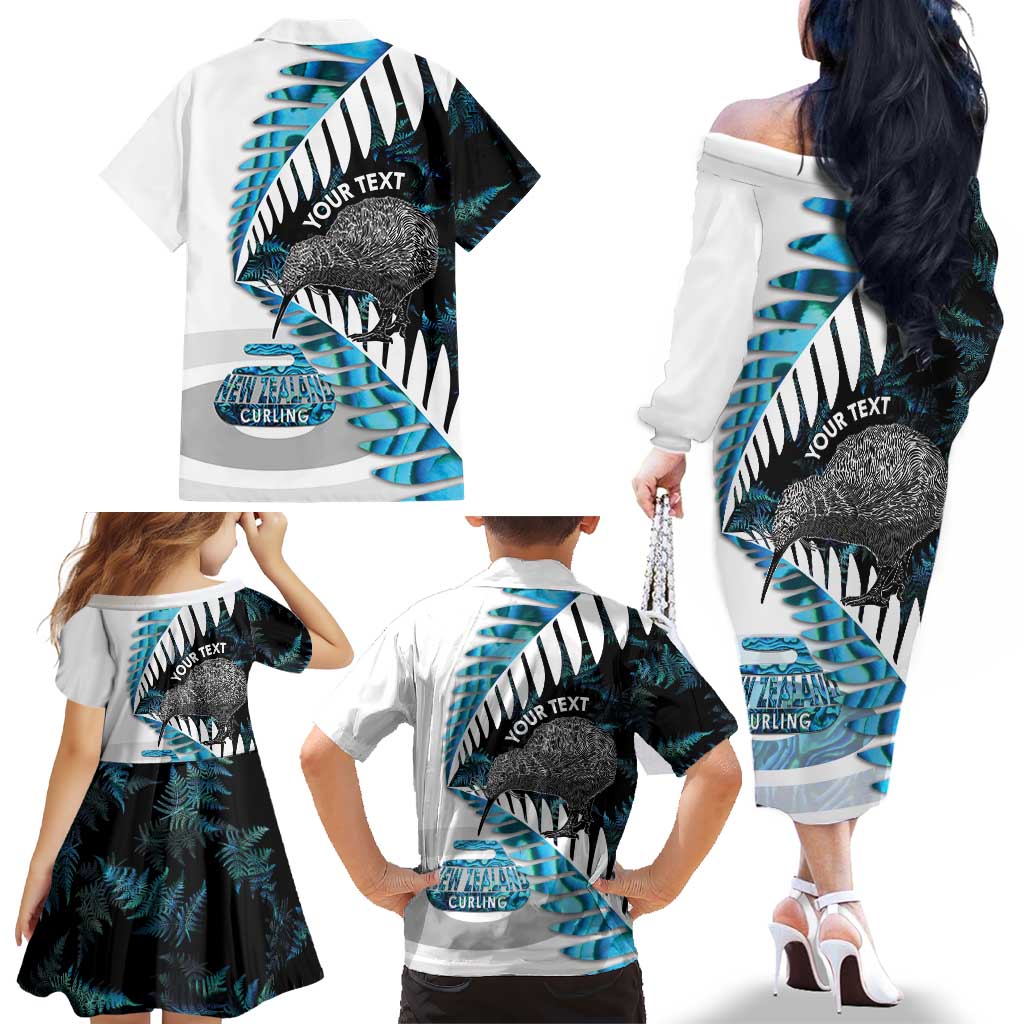 New Zealand Silver Fern Curling Personalised Family Matching Off The Shoulder Long Sleeve Dress and Hawaiian Shirt Aotearoa Kiwi Ponga Paua Shell Version - Polynesian Pride