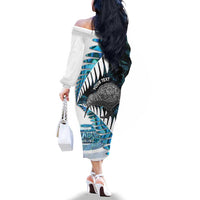 New Zealand Silver Fern Curling Personalised Family Matching Off The Shoulder Long Sleeve Dress and Hawaiian Shirt Aotearoa Kiwi Ponga Paua Shell Version - Polynesian Pride