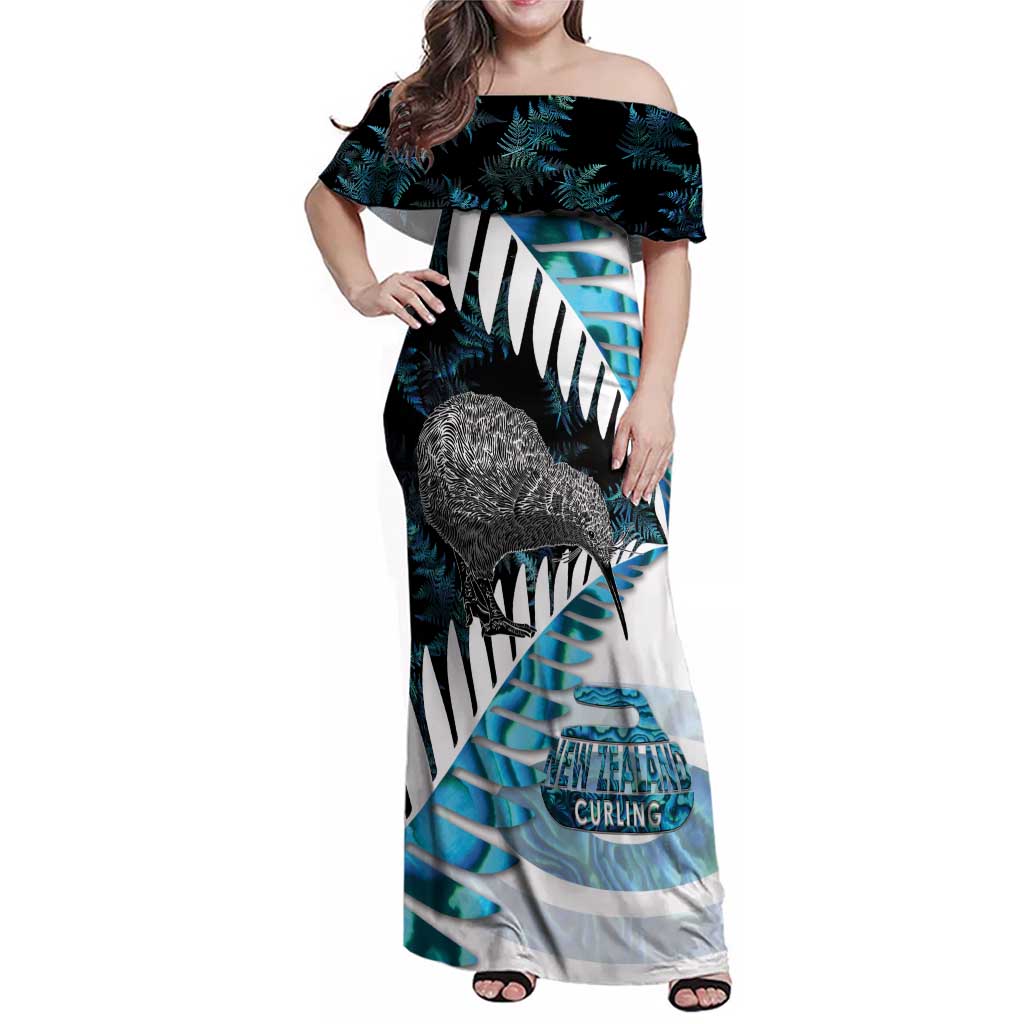 New Zealand Silver Fern Curling Personalised Family Matching Off Shoulder Maxi Dress and Hawaiian Shirt Aotearoa Kiwi Ponga Paua Shell Version - Polynesian Pride