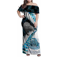 New Zealand Silver Fern Curling Personalised Family Matching Off Shoulder Maxi Dress and Hawaiian Shirt Aotearoa Kiwi Ponga Paua Shell Version - Polynesian Pride