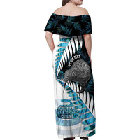 New Zealand Silver Fern Curling Personalised Family Matching Off Shoulder Maxi Dress and Hawaiian Shirt Aotearoa Kiwi Ponga Paua Shell Version - Polynesian Pride