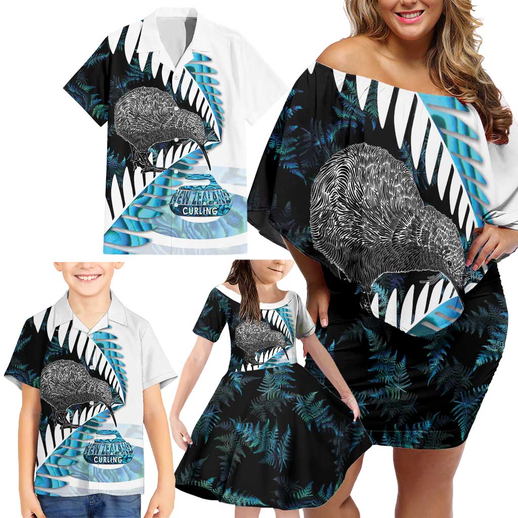New Zealand Silver Fern Curling Personalised Family Matching Off Shoulder Short Dress and Hawaiian Shirt Aotearoa Kiwi Ponga Paua Shell Version - Polynesian Pride