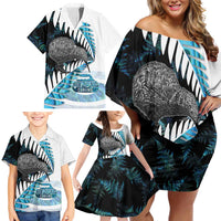 New Zealand Silver Fern Curling Personalised Family Matching Off Shoulder Short Dress and Hawaiian Shirt Aotearoa Kiwi Ponga Paua Shell Version - Polynesian Pride