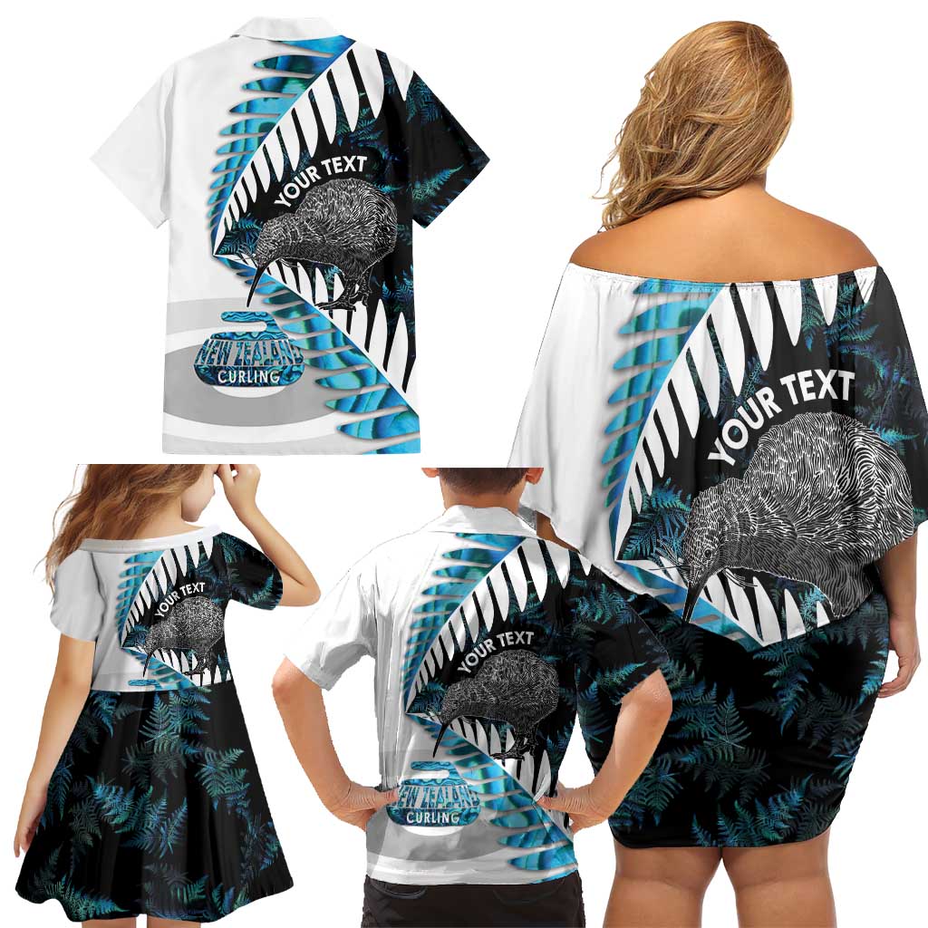 New Zealand Silver Fern Curling Personalised Family Matching Off Shoulder Short Dress and Hawaiian Shirt Aotearoa Kiwi Ponga Paua Shell Version - Polynesian Pride