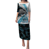 New Zealand Silver Fern Curling Personalised Family Matching Puletasi and Hawaiian Shirt Aotearoa Kiwi Ponga Paua Shell Version - Polynesian Pride