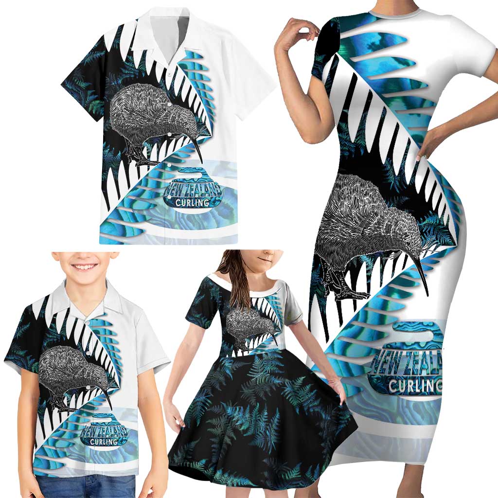 New Zealand Silver Fern Curling Personalised Family Matching Short Sleeve Bodycon Dress and Hawaiian Shirt Aotearoa Kiwi Ponga Paua Shell Version - Polynesian Pride