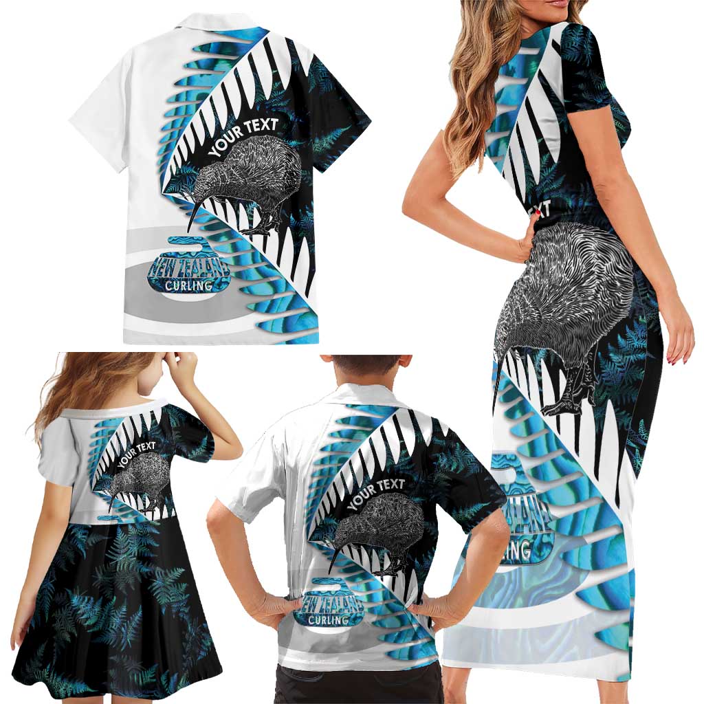 New Zealand Silver Fern Curling Personalised Family Matching Short Sleeve Bodycon Dress and Hawaiian Shirt Aotearoa Kiwi Ponga Paua Shell Version - Polynesian Pride