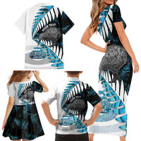 New Zealand Silver Fern Curling Personalised Family Matching Short Sleeve Bodycon Dress and Hawaiian Shirt Aotearoa Kiwi Ponga Paua Shell Version - Polynesian Pride