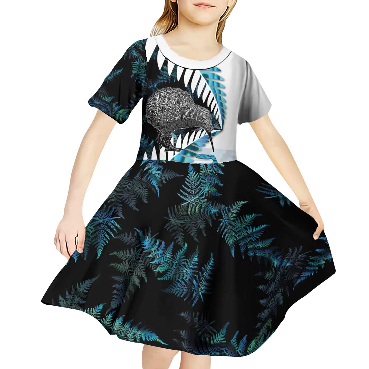 New Zealand Silver Fern Curling Personalised Kid Short Sleeve Dress Aotearoa Kiwi Ponga Paua Shell Version - Polynesian Pride