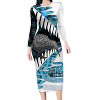 New Zealand Silver Fern Curling Personalised Long Sleeve Bodycon Dress Aotearoa Kiwi Ponga Paua Shell Version - Polynesian Pride