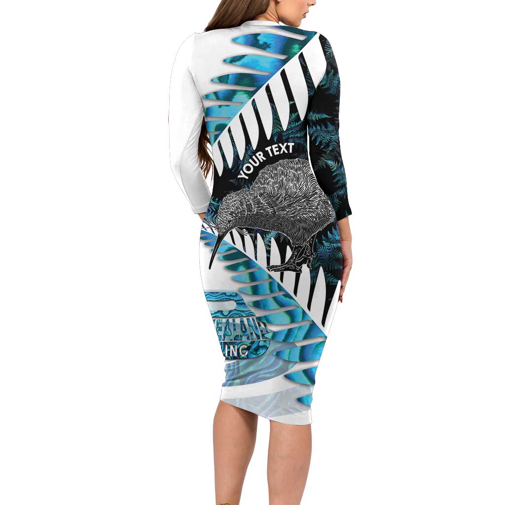 New Zealand Silver Fern Curling Personalised Long Sleeve Bodycon Dress Aotearoa Kiwi Ponga Paua Shell Version - Polynesian Pride