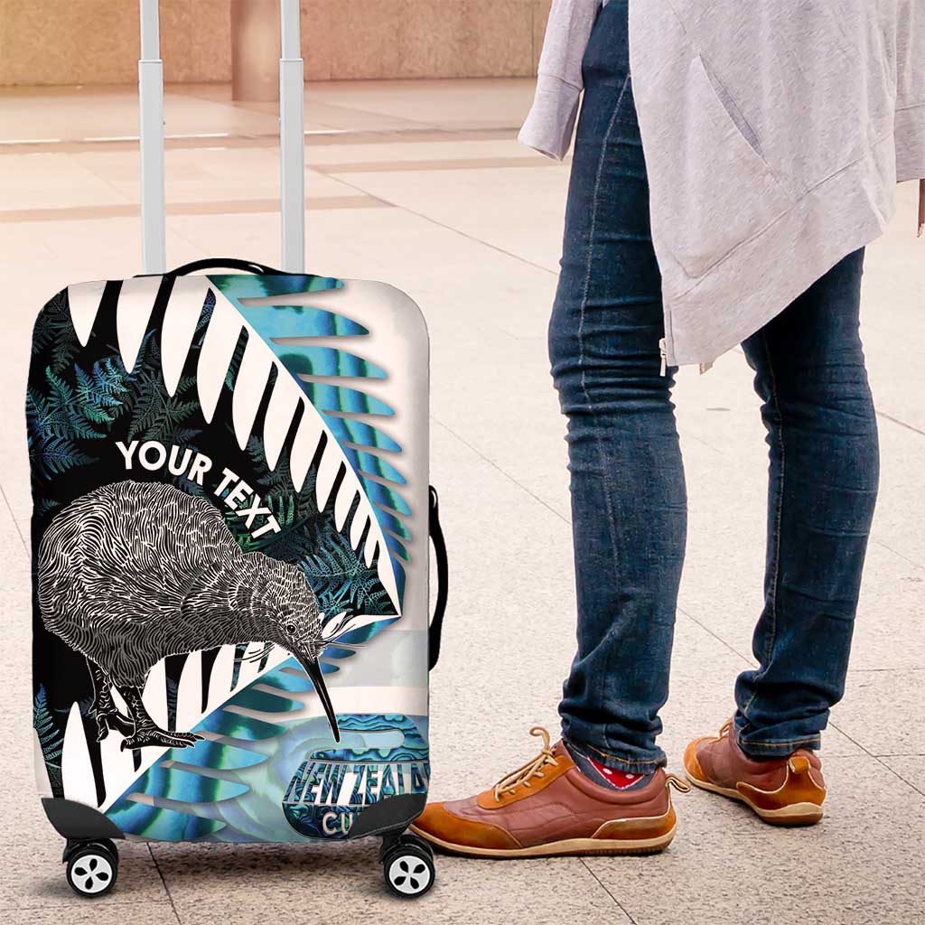 New Zealand Silver Fern Curling Personalised Luggage Cover Aotearoa Kiwi Ponga Paua Shell Version LT14 Black - Polynesian Pride