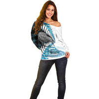 New Zealand Silver Fern Curling Personalised Off Shoulder Sweater Aotearoa Kiwi Ponga Paua Shell Version - Polynesian Pride