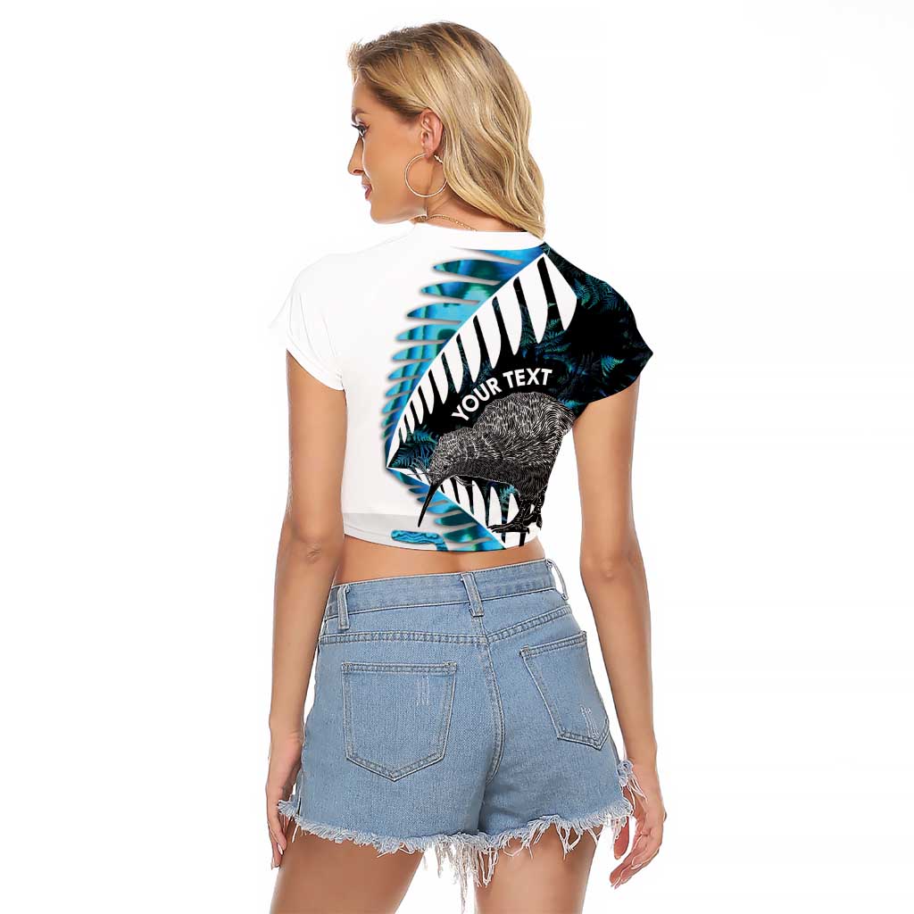 New Zealand Silver Fern Curling Personalised Raglan Cropped T Shirt Aotearoa Kiwi Ponga Paua Shell Version - Polynesian Pride