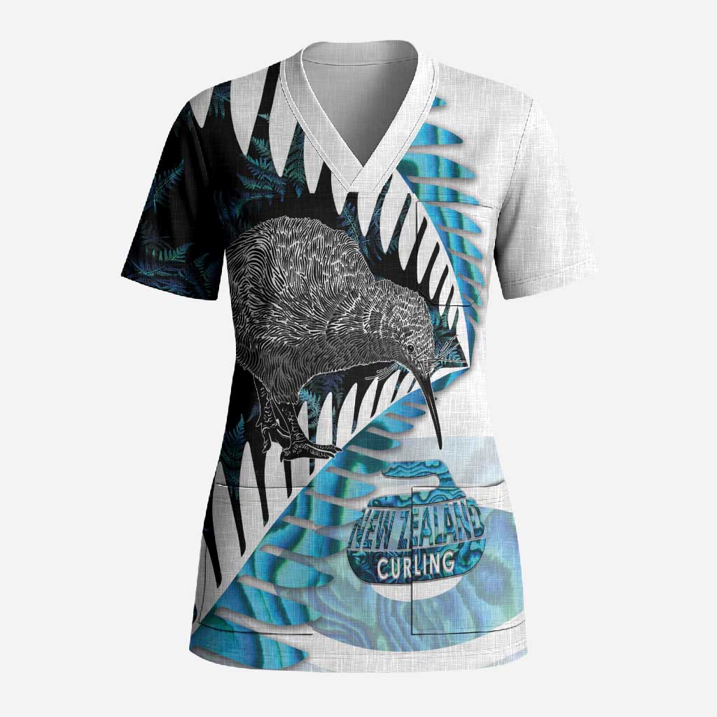 New Zealand Silver Fern Curling Personalised Scrub Top Aotearoa Kiwi Ponga Paua Shell Version - Polynesian Pride