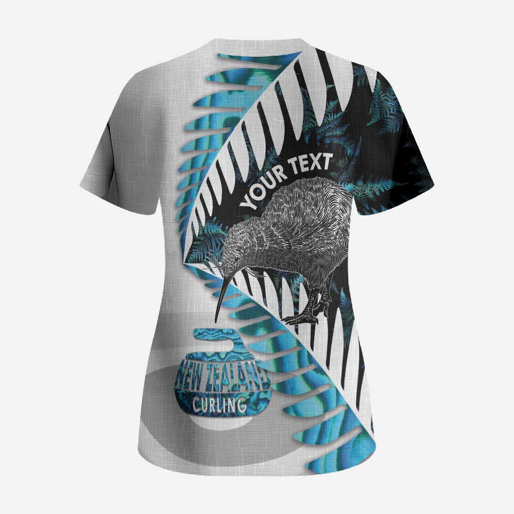New Zealand Silver Fern Curling Personalised Scrub Top Aotearoa Kiwi Ponga Paua Shell Version - Polynesian Pride