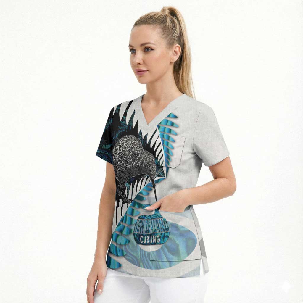 New Zealand Silver Fern Curling Personalised Scrub Top Aotearoa Kiwi Ponga Paua Shell Version - Polynesian Pride