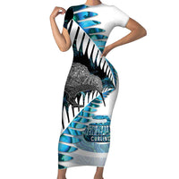 New Zealand Silver Fern Curling Personalised Short Sleeve Bodycon Dress Aotearoa Kiwi Ponga Paua Shell Version - Polynesian Pride
