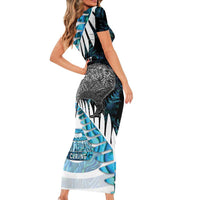 New Zealand Silver Fern Curling Personalised Short Sleeve Bodycon Dress Aotearoa Kiwi Ponga Paua Shell Version - Polynesian Pride