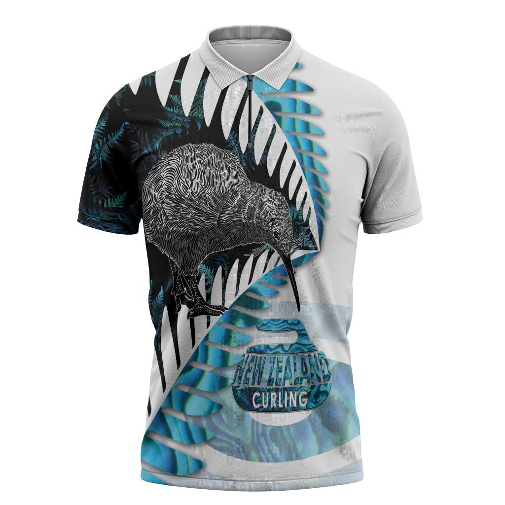 New Zealand Silver Fern Curling Personalised Zipper Polo Shirt Aotearoa Kiwi Ponga Paua Shell Version - Polynesian Pride
