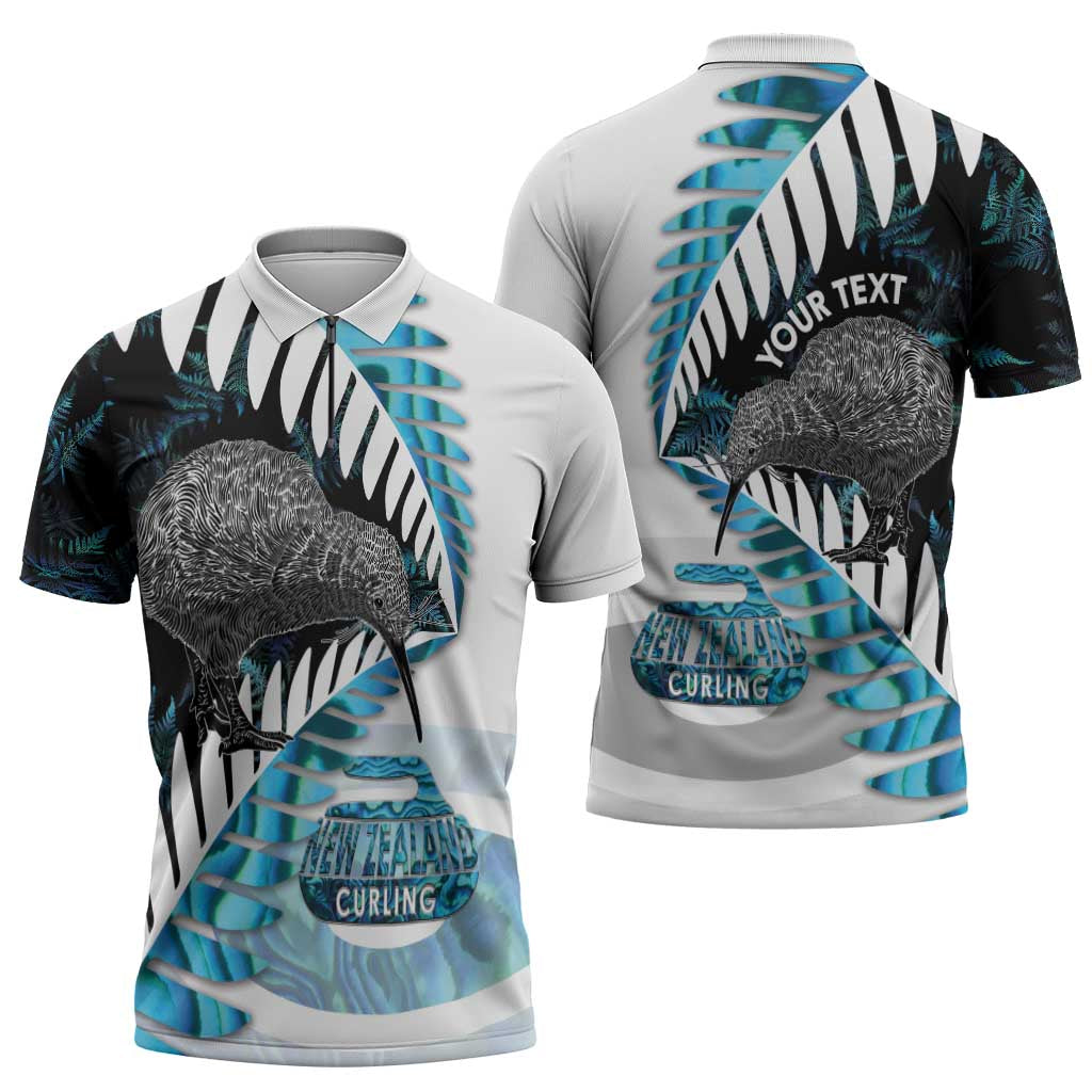 New Zealand Silver Fern Curling Personalised Zipper Polo Shirt Aotearoa Kiwi Ponga Paua Shell Version - Polynesian Pride