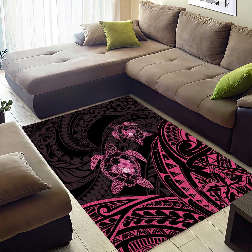 Pink Black Polynesia Floral Sea Turtle Area Rug - Polynesian Pride
