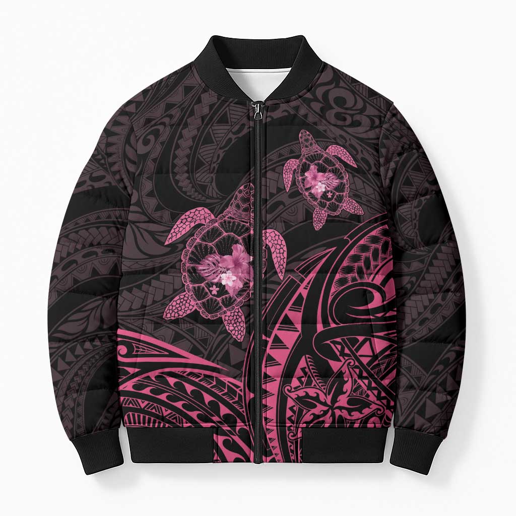 Pink Black Polynesia Floral Sea Turtle Bomber Puffer Jacket - Polynesian Pride