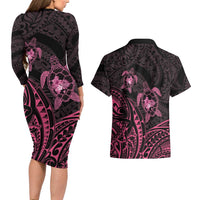 Pink Black Polynesia Floral Sea Turtle Couples Matching Long Sleeve Bodycon Dress and Hawaiian Shirt - Polynesian Pride