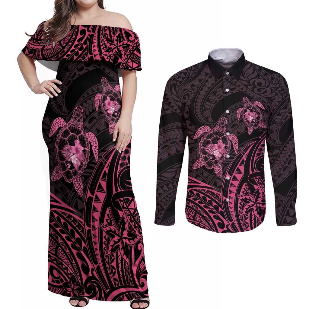 Pink Black Polynesia Floral Sea Turtle Couples Matching Off Shoulder Maxi Dress and Long Sleeve Button Shirt - Polynesian Pride