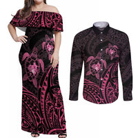 Pink Black Polynesia Floral Sea Turtle Couples Matching Off Shoulder Maxi Dress and Long Sleeve Button Shirt - Polynesian Pride