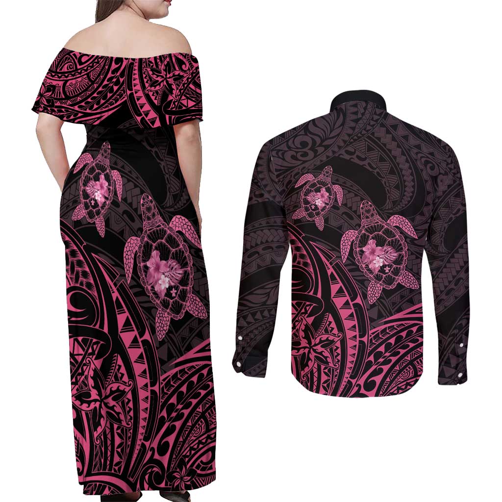 Pink Black Polynesia Floral Sea Turtle Couples Matching Off Shoulder Maxi Dress and Long Sleeve Button Shirt - Polynesian Pride