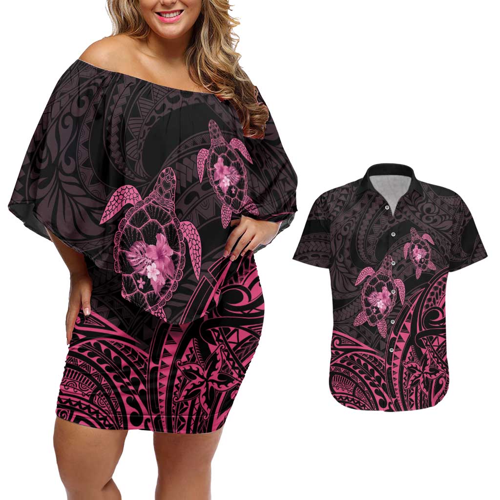 Pink Black Polynesia Floral Sea Turtle Couples Matching Off Shoulder Short Dress and Hawaiian Shirt - Polynesian Pride