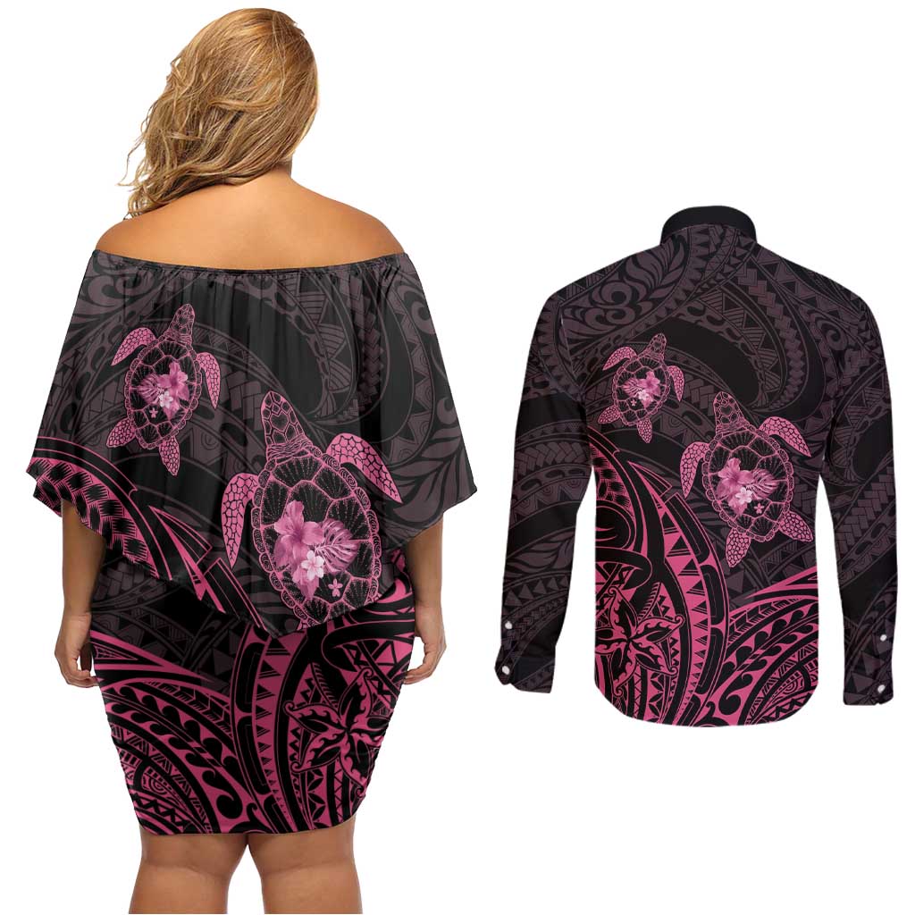 Pink Black Polynesia Floral Sea Turtle Couples Matching Off Shoulder Short Dress and Long Sleeve Button Shirt - Polynesian Pride