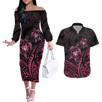 Pink Black Polynesia Floral Sea Turtle Couples Matching Off The Shoulder Long Sleeve Dress and Hawaiian Shirt - Polynesian Pride