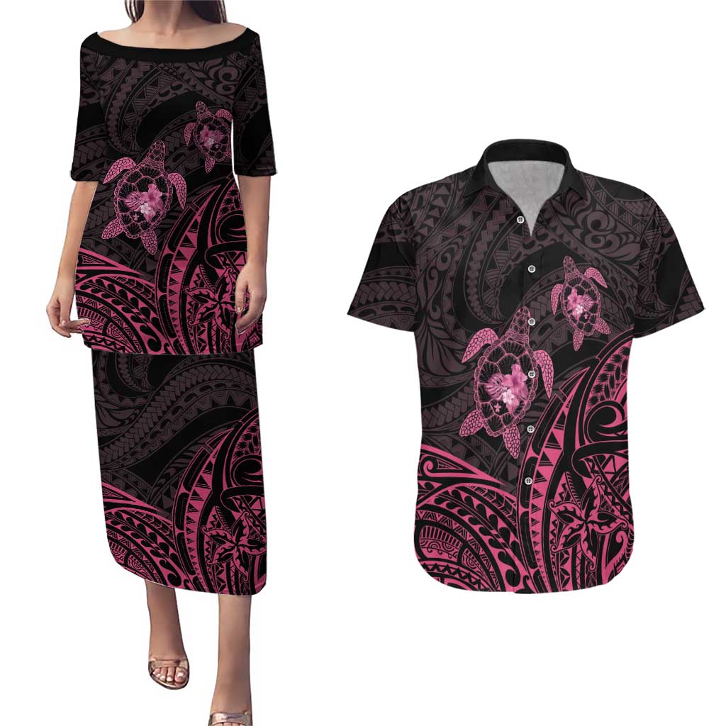 Pink Black Polynesia Floral Sea Turtle Couples Matching Puletasi and Hawaiian Shirt LT14 Black - Polynesian Pride