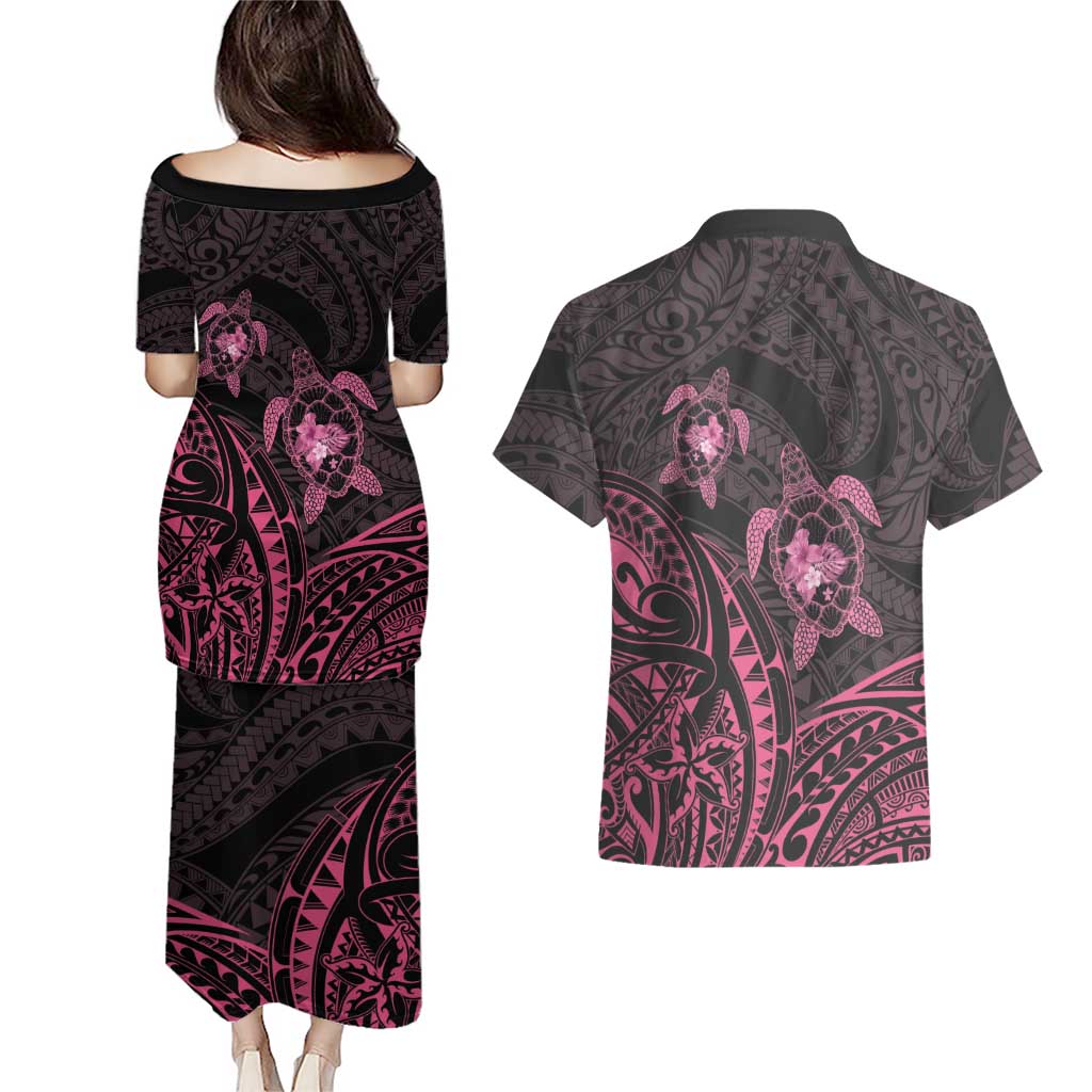 Pink Black Polynesia Floral Sea Turtle Couples Matching Puletasi and Hawaiian Shirt LT14 - Polynesian Pride